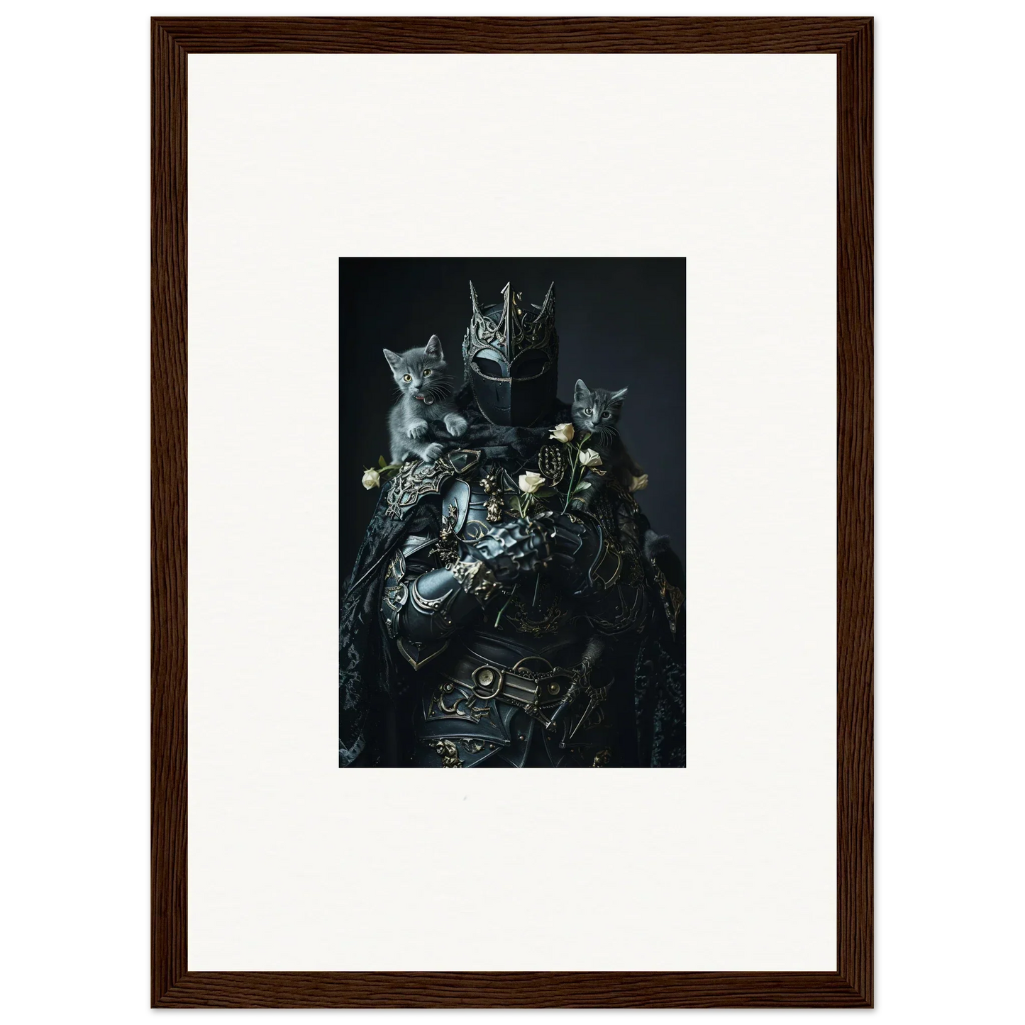 Dark surreal artwork of cats among mechanical parts, perfect for room decor or canvas prints