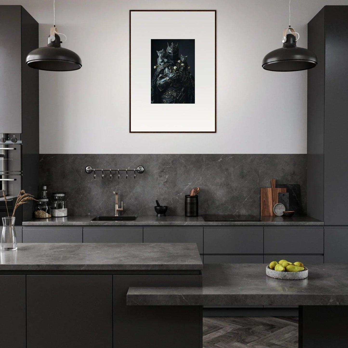 Modern monochromatic kitchen with dark cabinetry enhancing stylish room decor