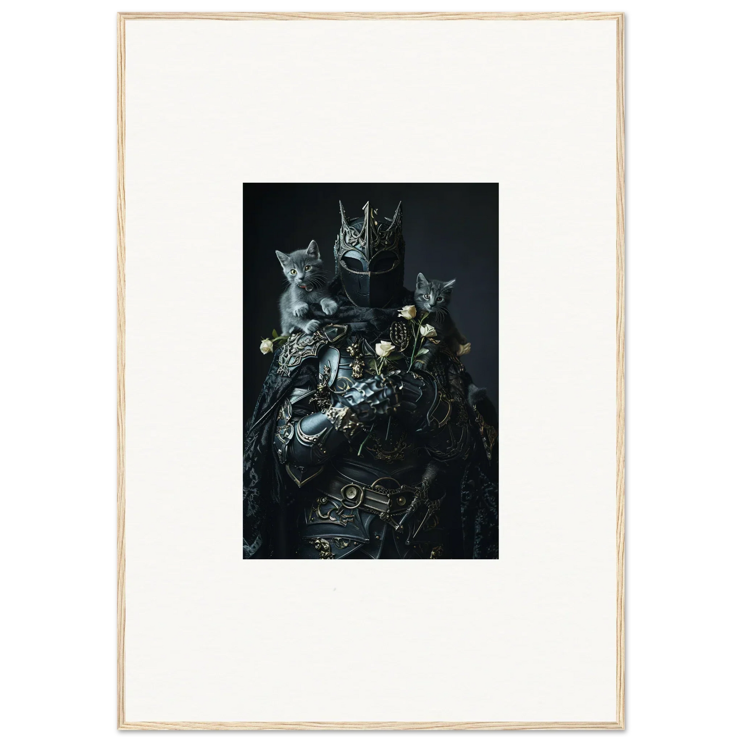 Dark surreal portrait of cats in armor, perfect for unique room decor or canvas prints