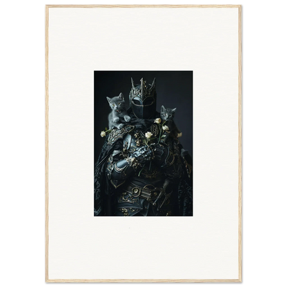 Dark surreal portrait of cats in armor, perfect for unique room decor or canvas prints