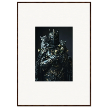 Framed wall art of a dark figure with cats and mechanical elements for unique room decor