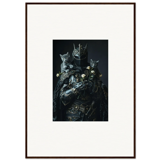 Framed wall art of a dark figure with cats and mechanical elements for unique room decor