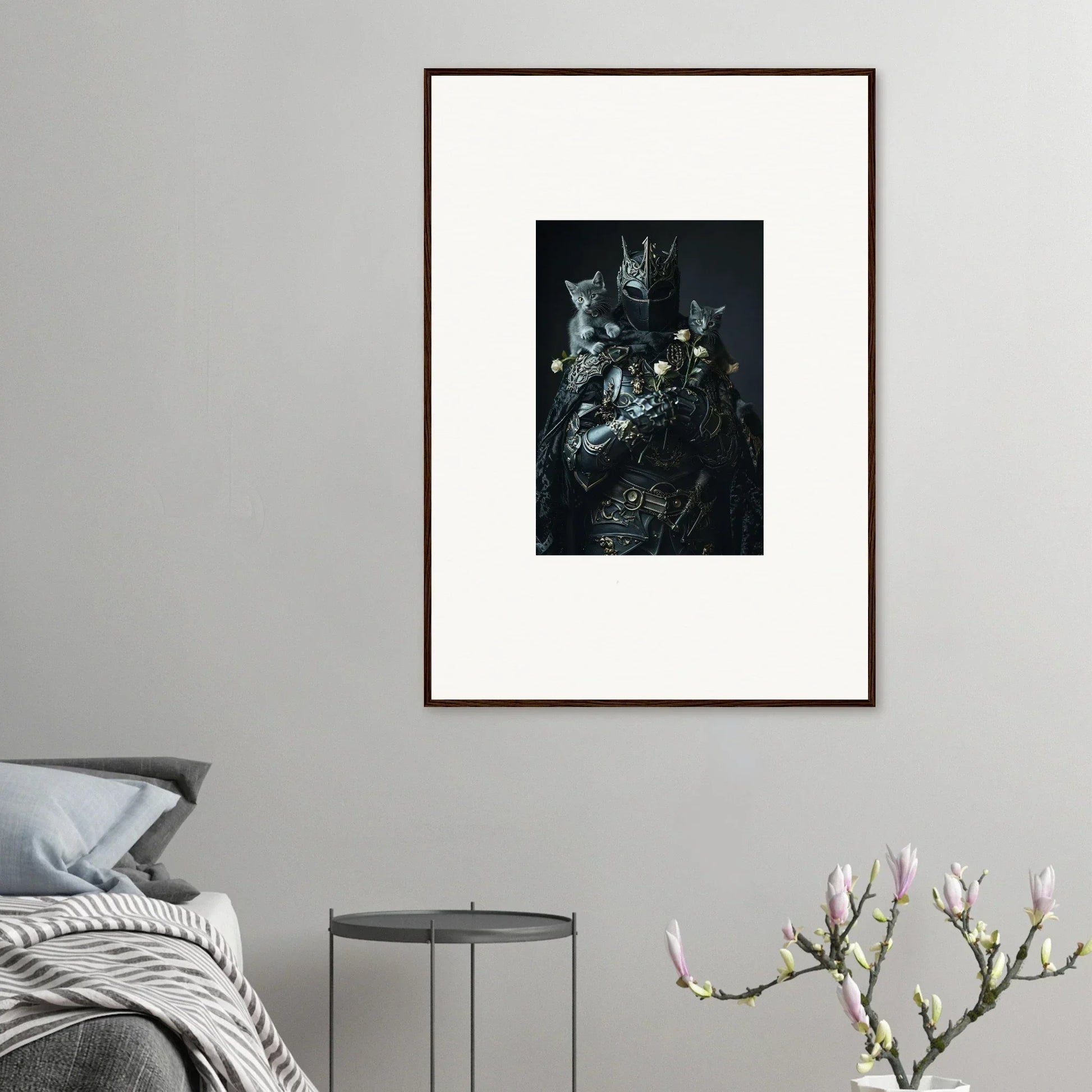 Framed wall art of a moody portrait with floral elements for stylish room decor