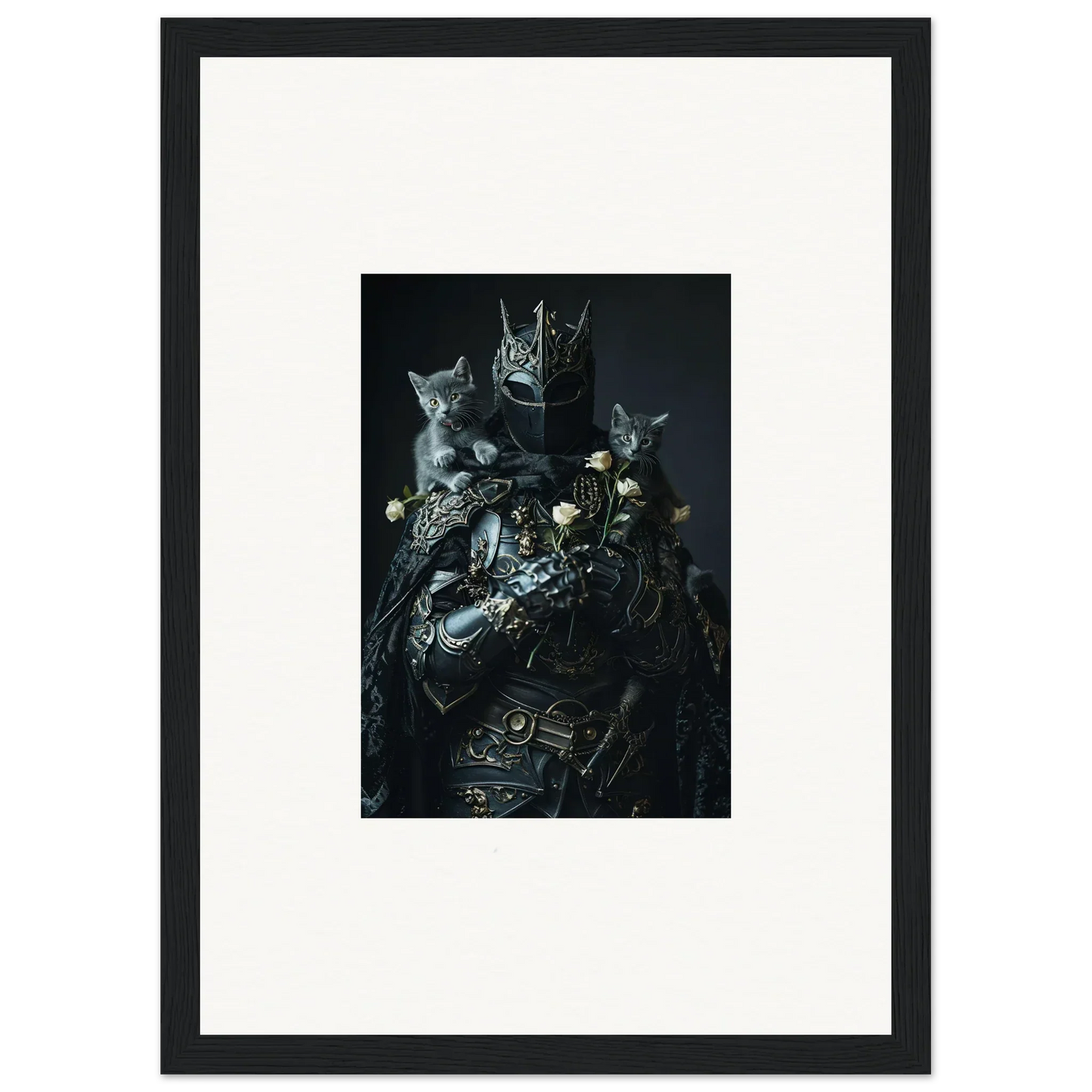 Framed wall art of a dark still life with cats for unique room decor