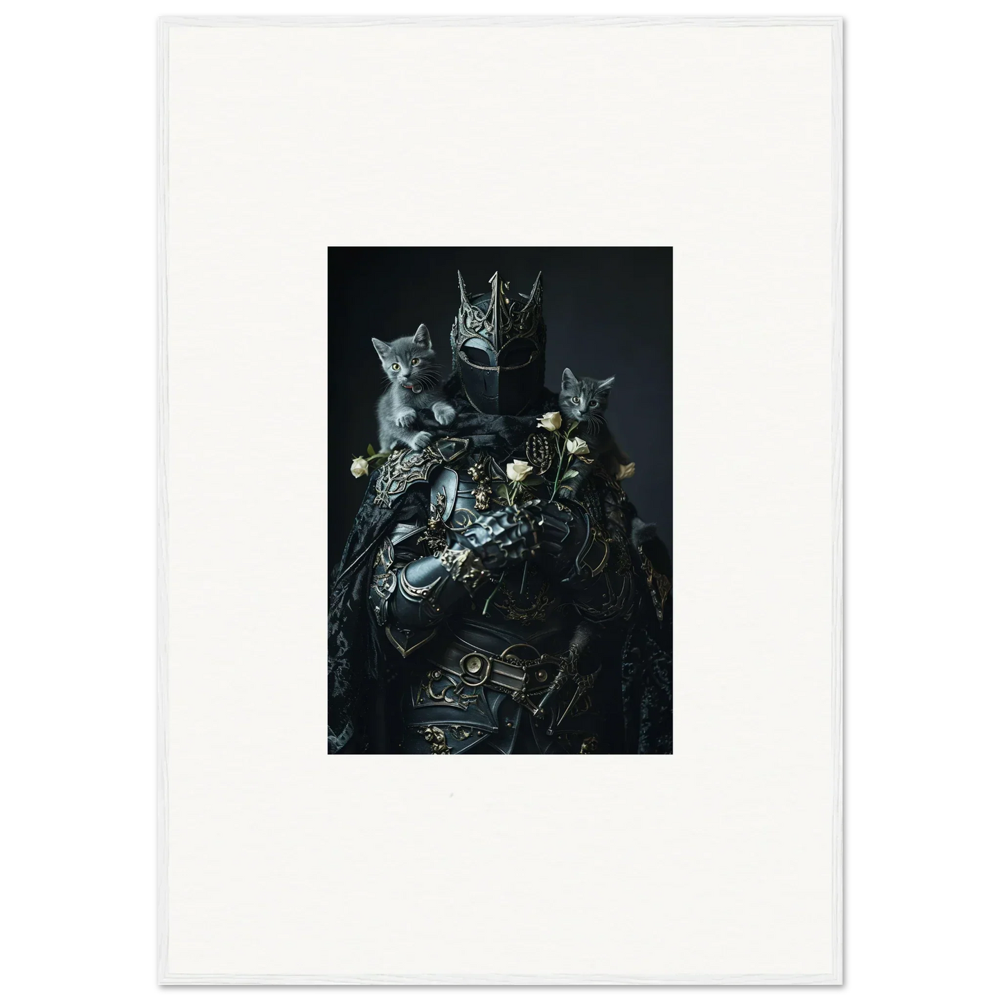 Dark ornate armor with cat faces, perfect for unique room decor or framed wall art