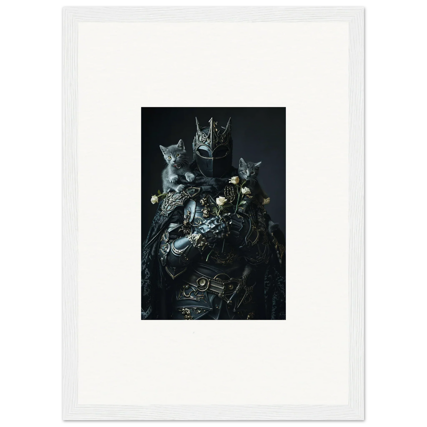 Dark surreal art of cats in metallic armor, perfect for room decor or canvas prints