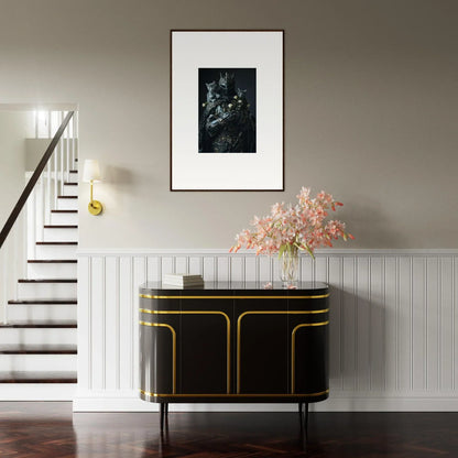 Elegant black and gold console table enhances room decor with stylish curves and doors