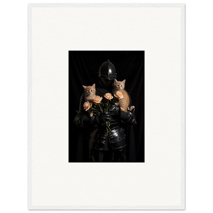 Surreal portrait of a figure in black leather with cats and roses for floral epiphany room decor