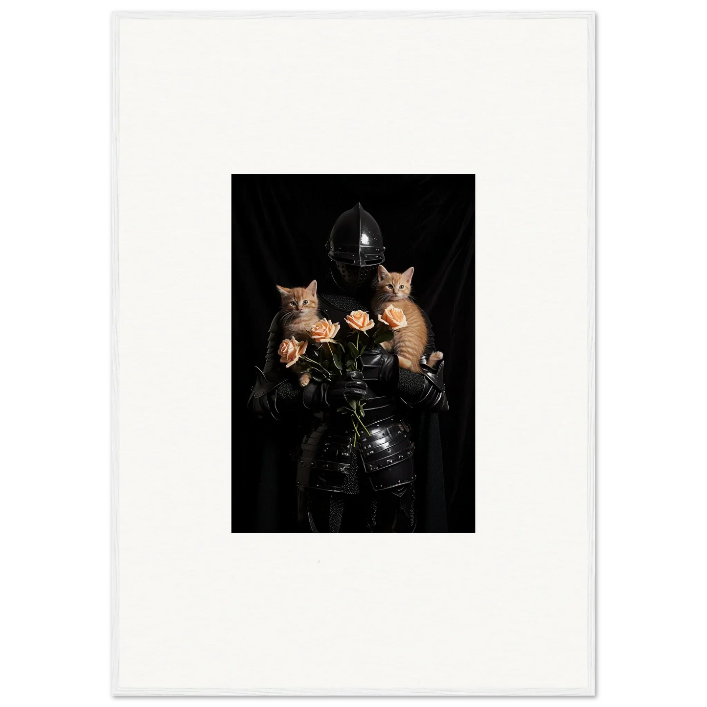 Surreal portrait of leather-clad figure with cat heads, perfect for floral epiphany decor