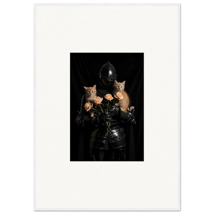 Surreal portrait of leather-clad figure with cat heads, perfect for floral epiphany decor