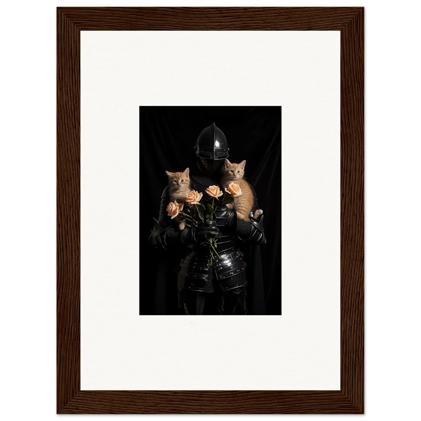 Framed wall art of a figure in dark clothing with cats and roses for floral epiphany decor