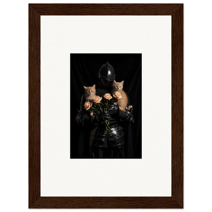 Framed wall art of a figure in dark clothing with cats and roses for floral epiphany decor