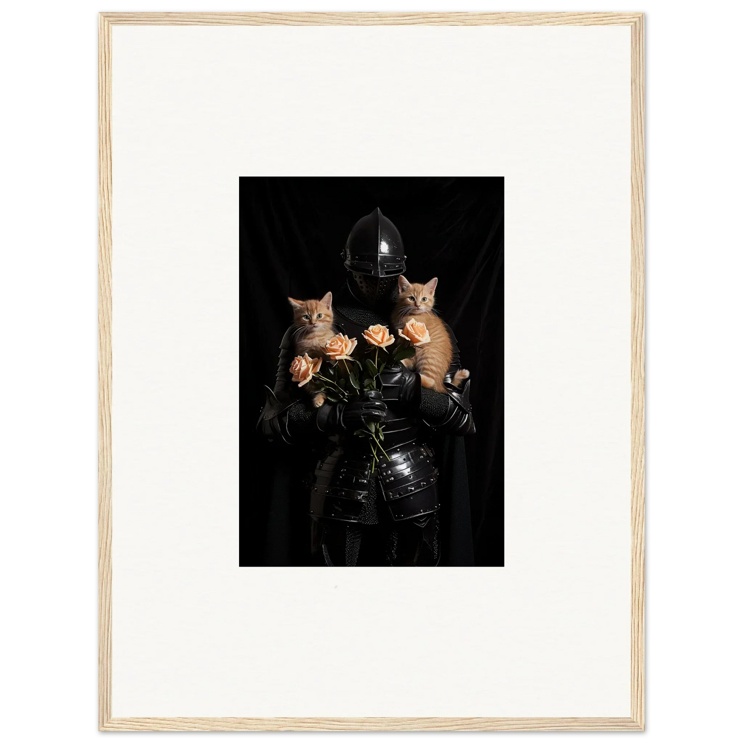 Framed wall art of a dark figure with cats and roses, perfect for floral epiphany room decor