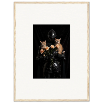 Framed wall art of a dark figure with cats and roses, perfect for floral epiphany room decor