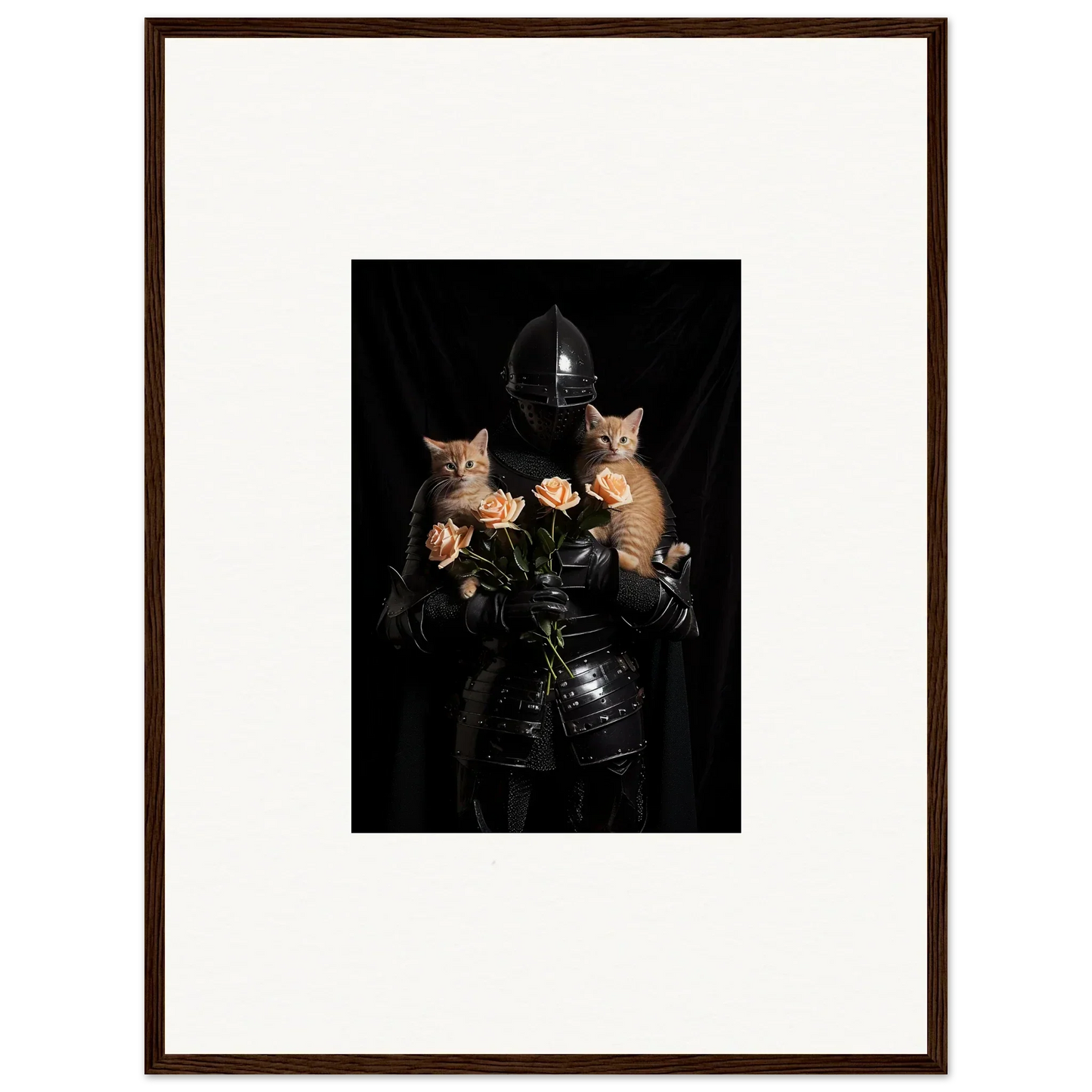 Framed wall art of a figure in dark clothing with orange cats and roses floral epiphany