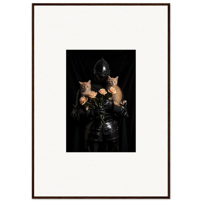 Framed wall art of dark knight holding  two cats with roses, perfect for floral epiphany room decor