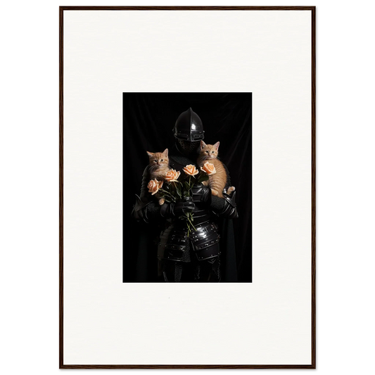 Framed wall art of dark knight holding  two cats with roses, perfect for floral epiphany room decor