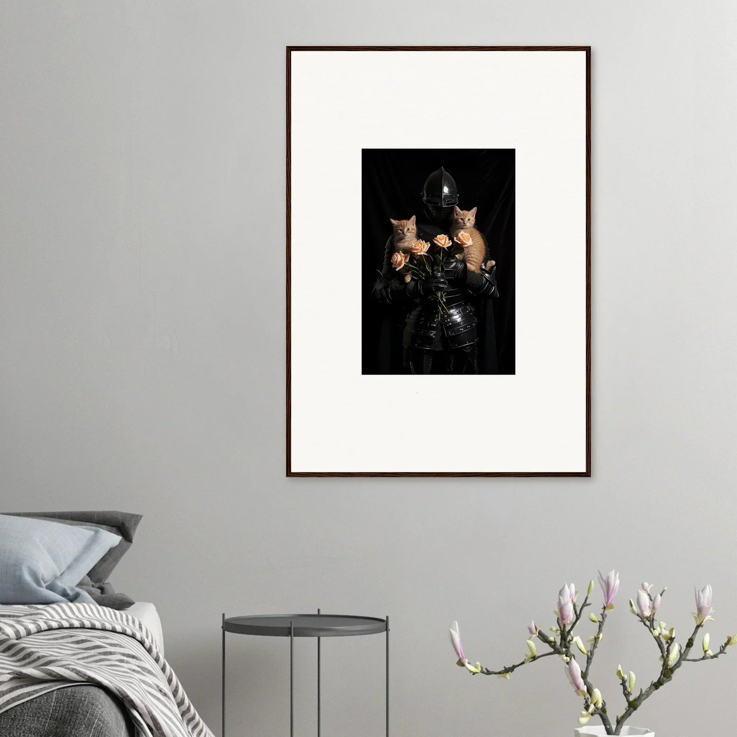 Framed wall art of two kittens in a dark background for unique room decor