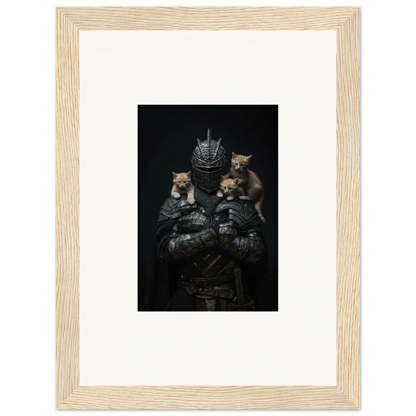 Framed wall art of a medieval knight’s armor with kittens, perfect room decor and noble diplomat theme