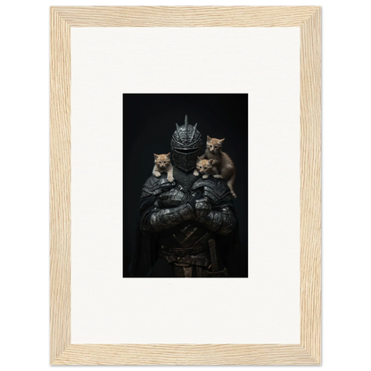 Framed wall art of a medieval knight’s armor with kittens, perfect room decor and noble diplomat theme