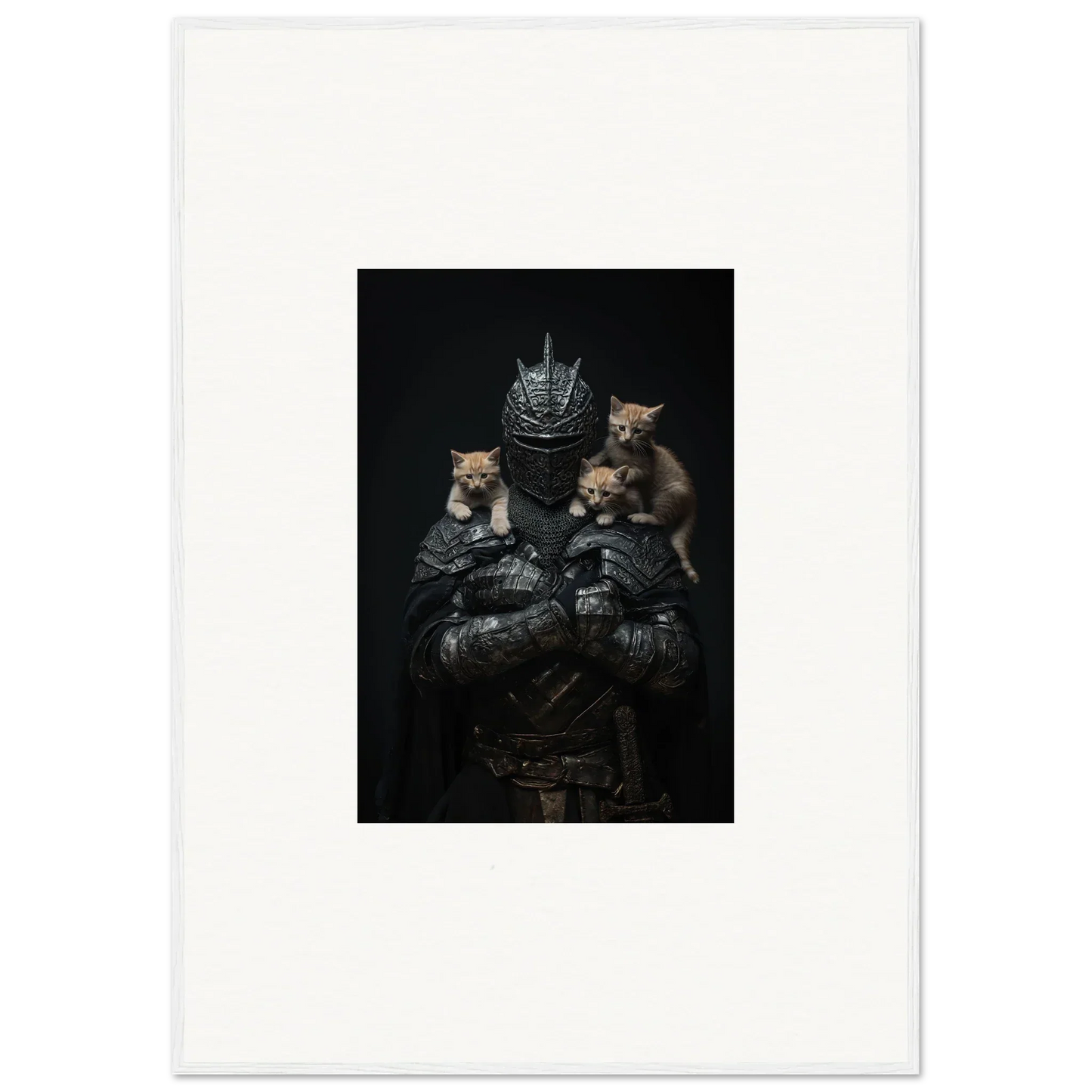 Dark, moody portrait of three cats in armor for noble diplomat room decor wall art