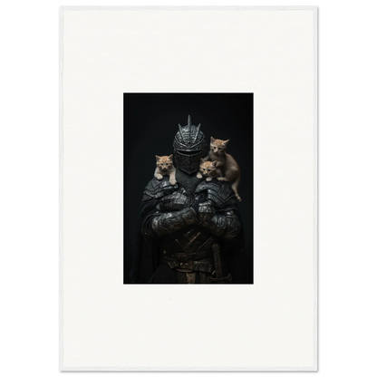 Dark, moody portrait of three cats in armor for noble diplomat room decor wall art