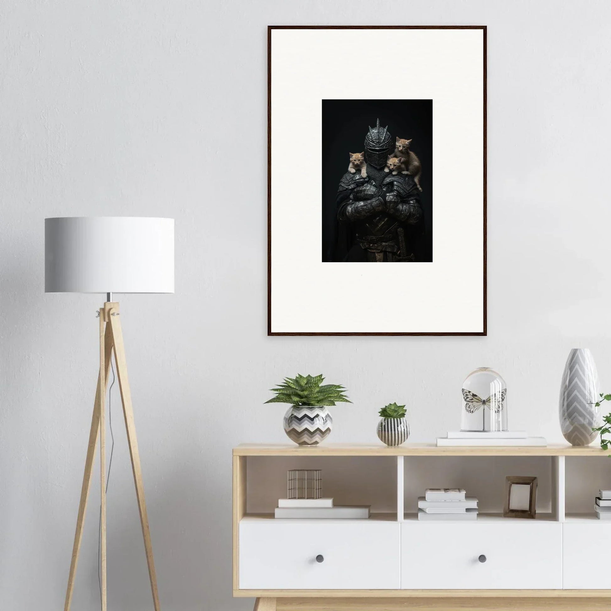 Framed artwork of shadowy figures, perfect for noble diplomat room decor