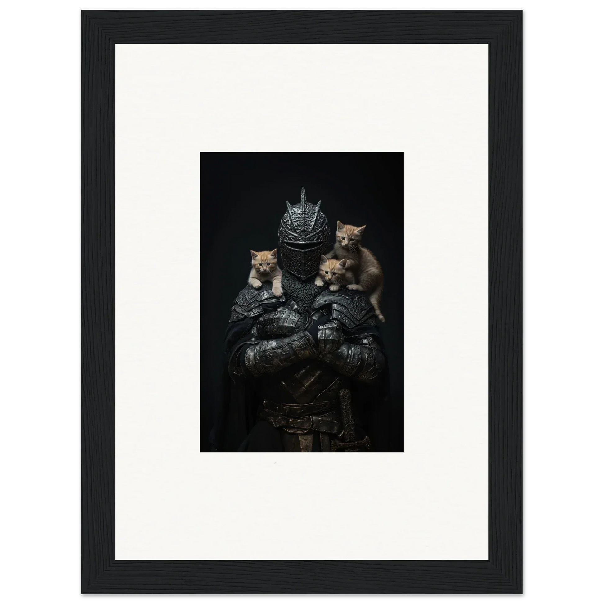 Framed wall art of three cats on medieval armor, a charming noble diplomat room decor