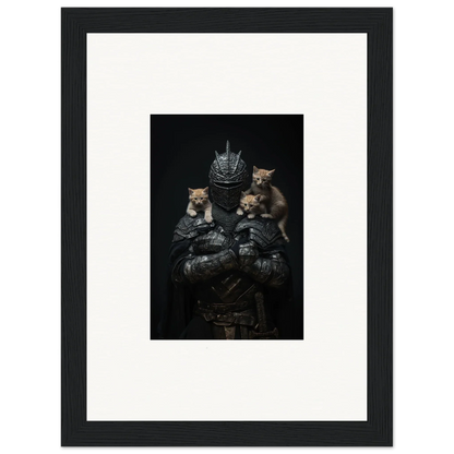 Framed wall art of three cats on medieval armor, a charming noble diplomat room decor