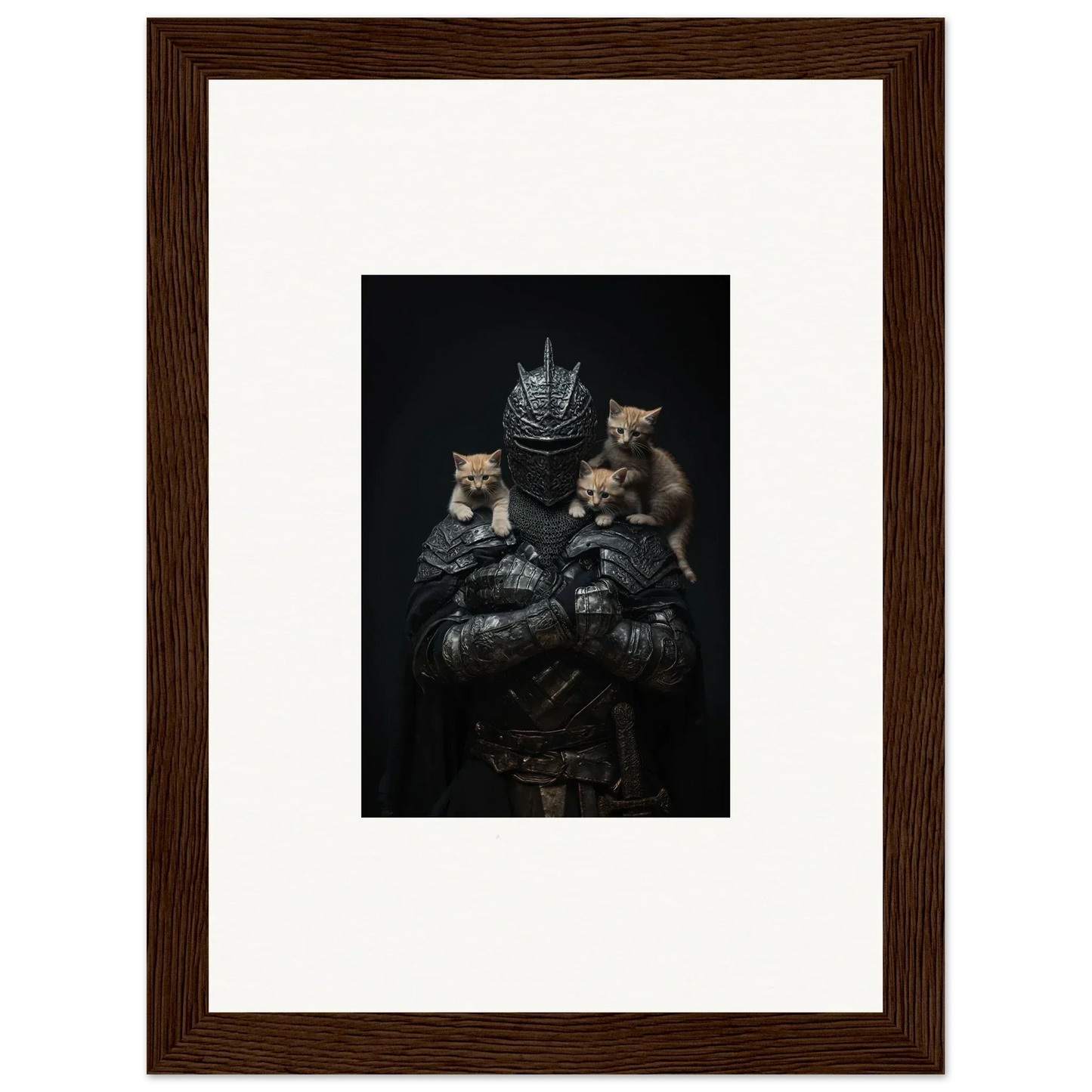 Framed wall art of three kittens on dark medieval armor, a noble diplomat theme for room decor