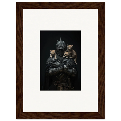 Framed wall art of three kittens on dark medieval armor, a noble diplomat theme for room decor