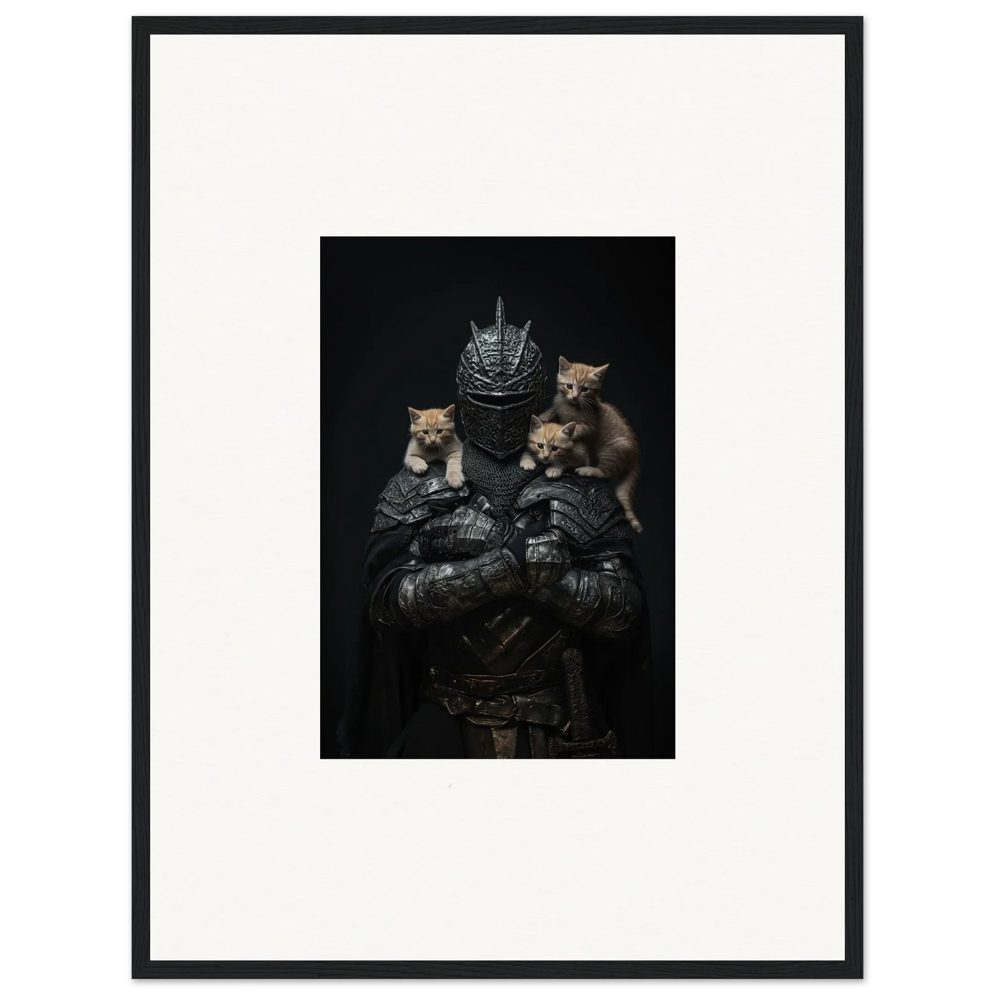 Framed wall art of a medieval knight’s armor with three kittens for noble diplomat room decor