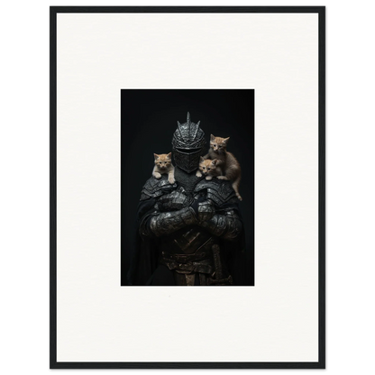 Framed wall art of a medieval knight’s armor with three kittens for noble diplomat room decor