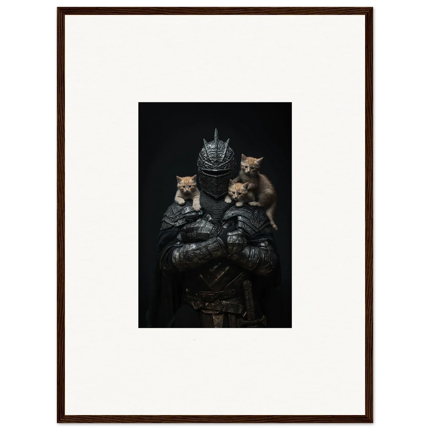 Dark medieval armored figure with kittens, perfect for Noble Diplomat room decor