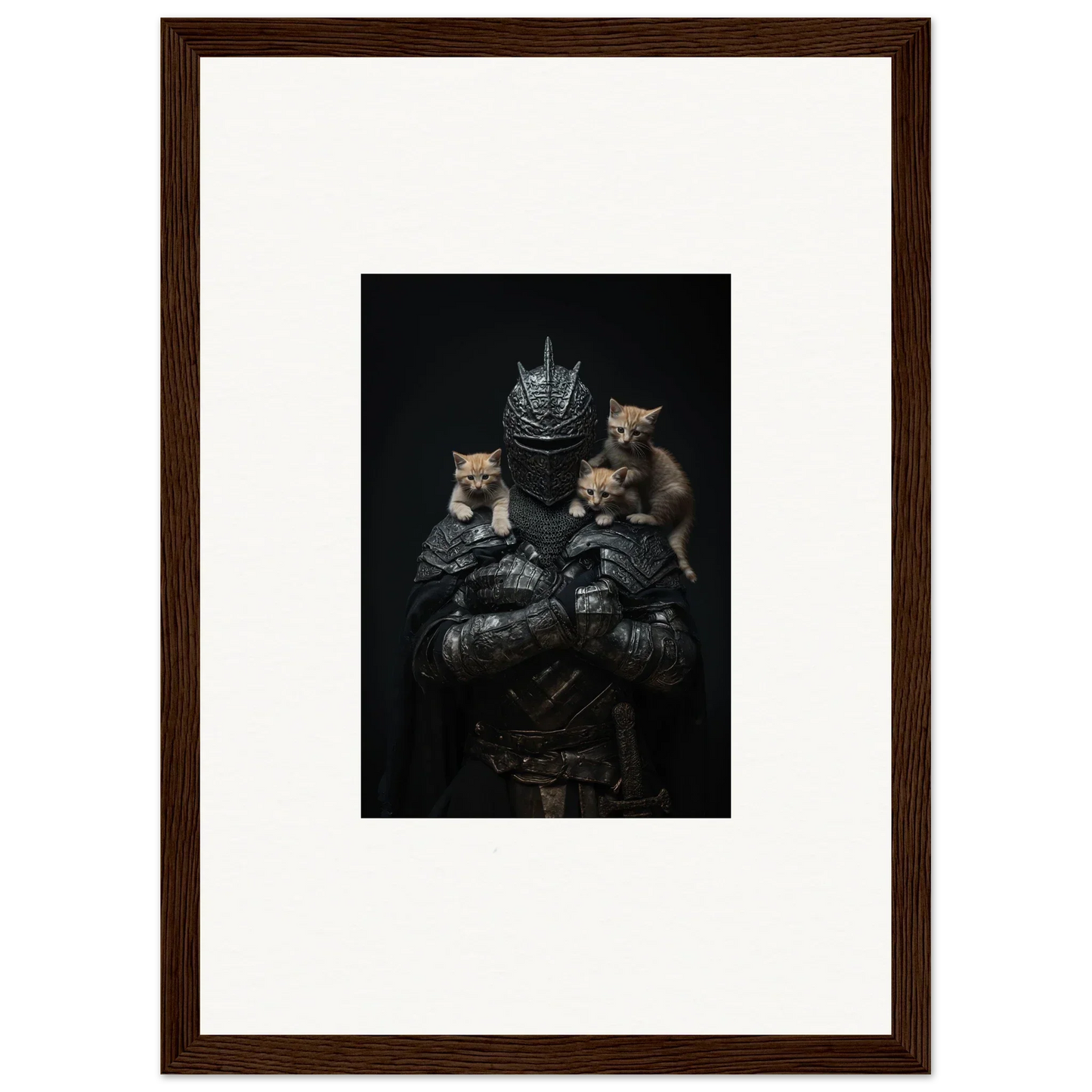 Dark armored figure crowned, holding three kittens, ideal for room decor as framed wall art