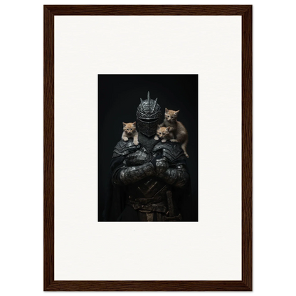 Dark armored figure crowned, holding three kittens, ideal for room decor as framed wall art