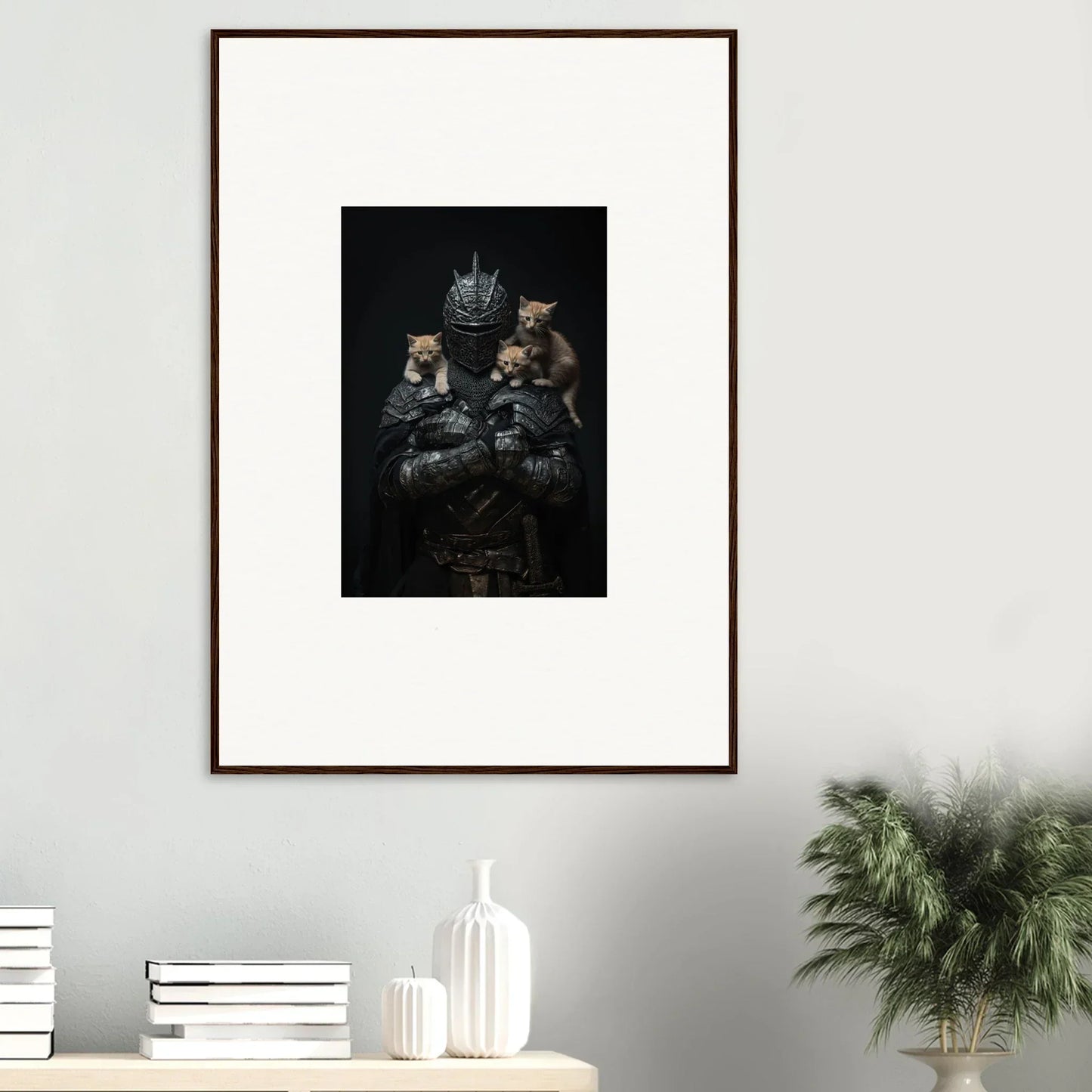 Framed wall art of a noble diplomat cat group on dark background for stylish room decor