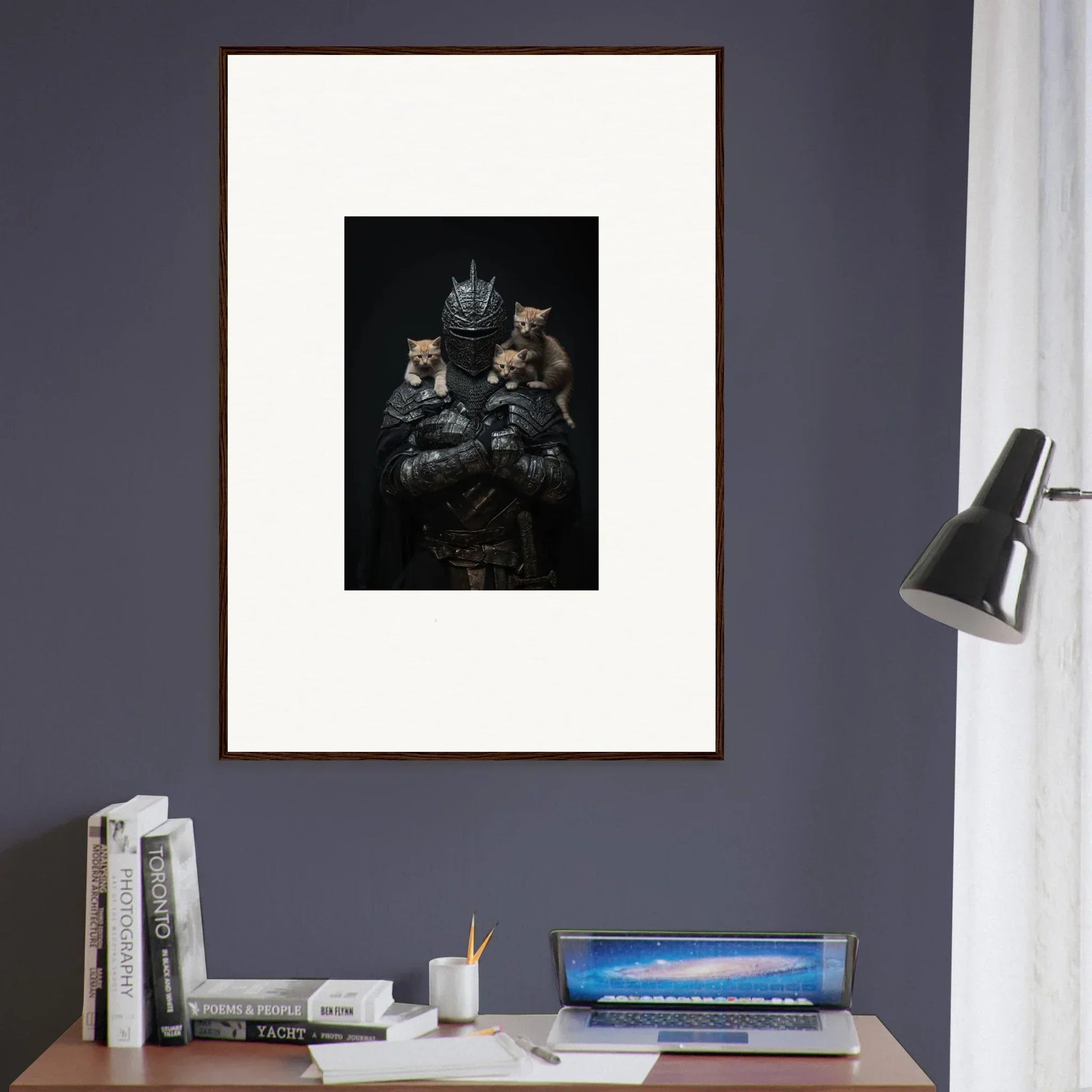 Framed wall art of Bastet’s Noble Diplomat featuring regal dark-toned cats decor