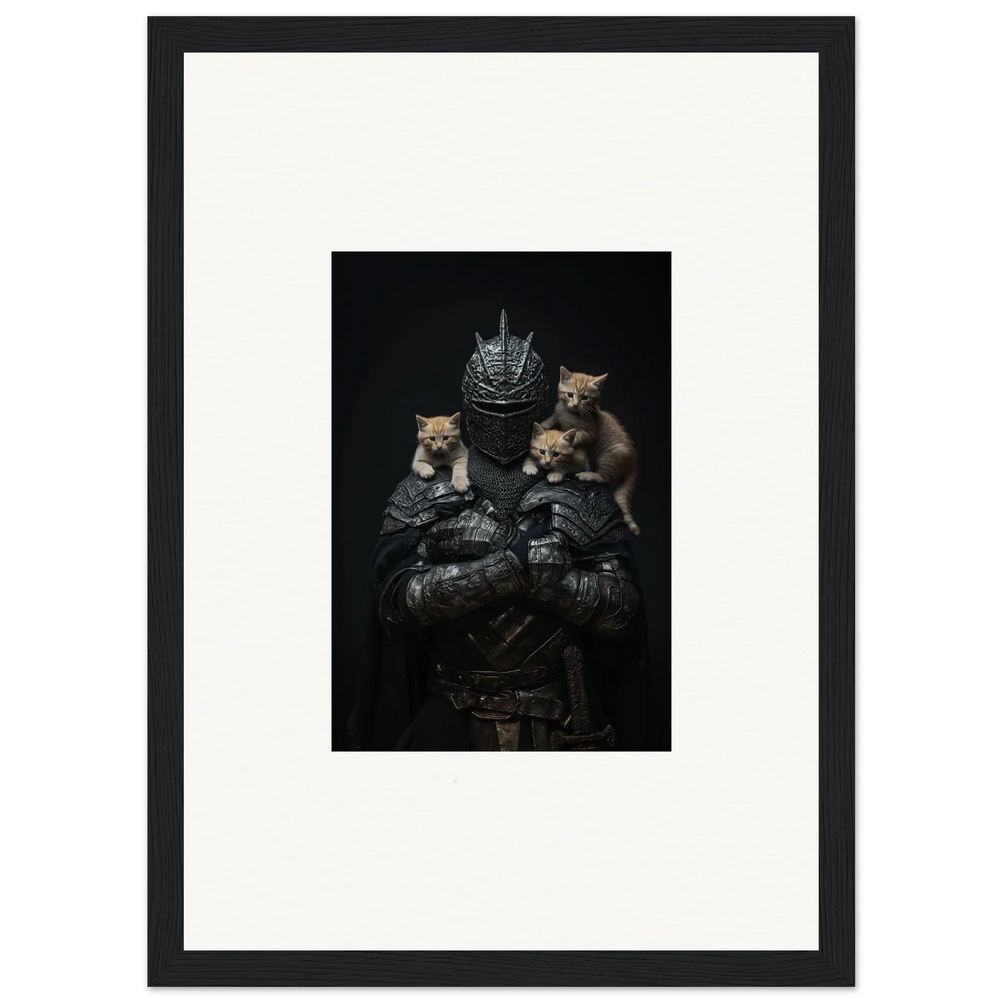 Framed wall art featuring a medieval knight, a noble diplomat, and three cats for room decor