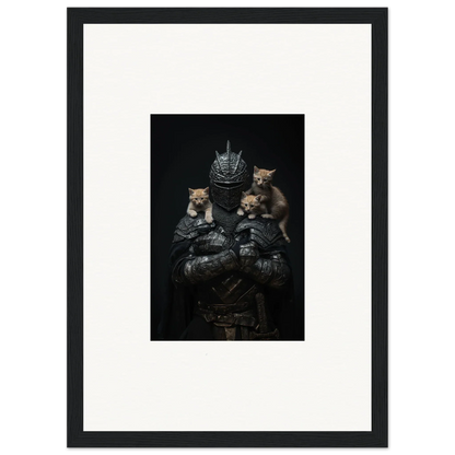 Framed wall art featuring a medieval knight, a noble diplomat, and three cats for room decor