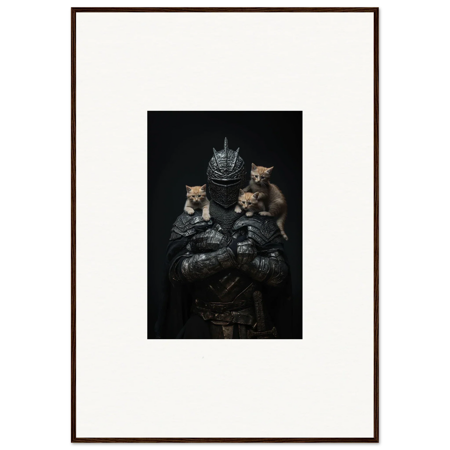 Framed wall art of three cats in medieval armor, the perfect noble diplomat room decor