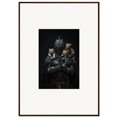 Framed wall art of three cats in medieval armor, the perfect noble diplomat room decor