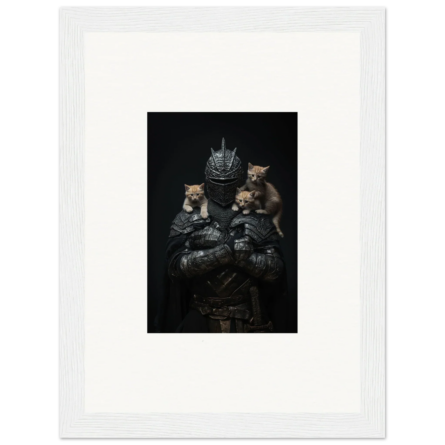 Dark moody portrait of kittens on armor, perfect for Noble Diplomat room decor