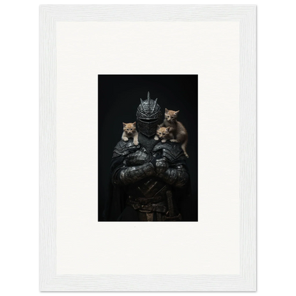 Dark moody portrait of kittens on armor, perfect for Noble Diplomat room decor