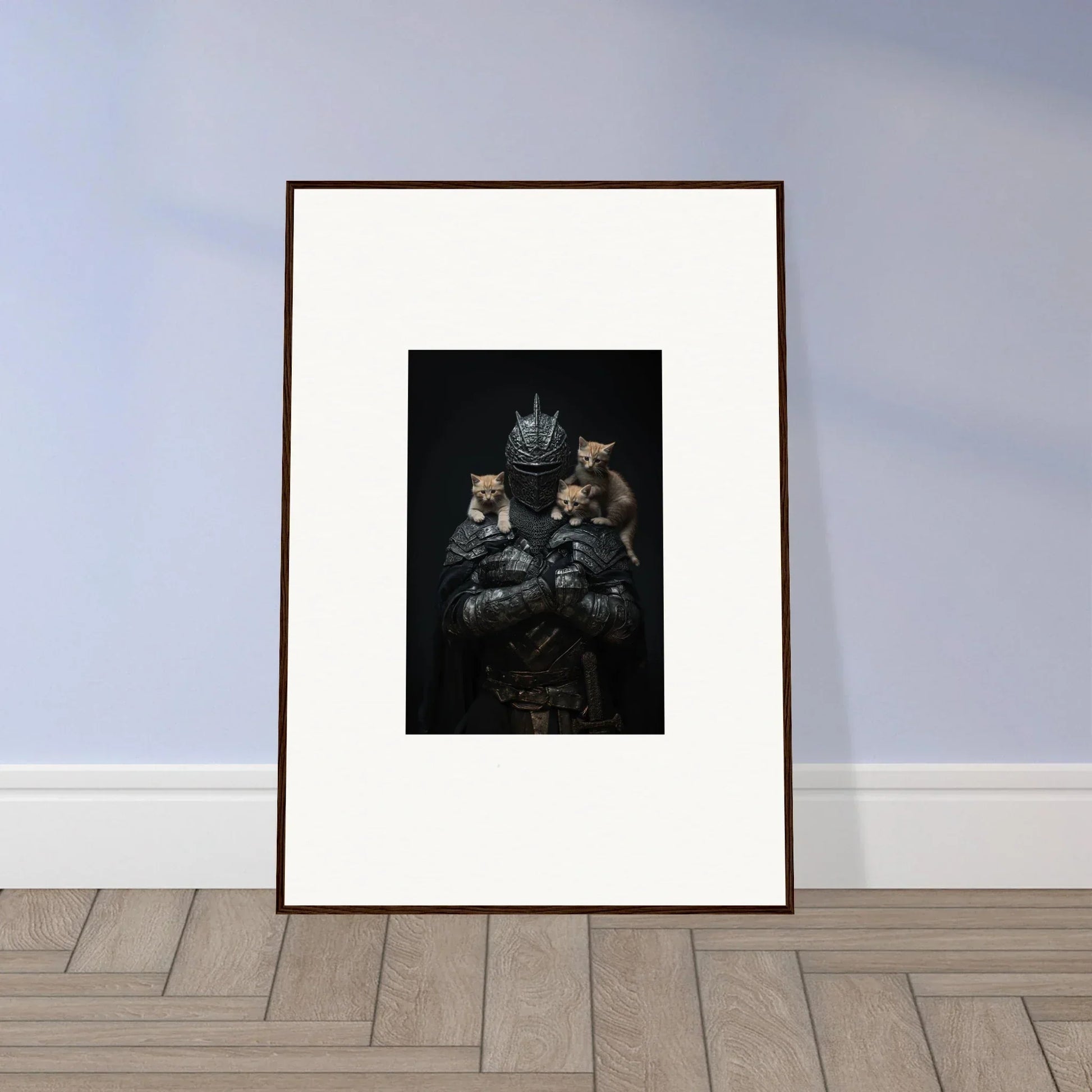 Framed wall art of cats in military gear for unique room decor inspired by Noble Diplomat