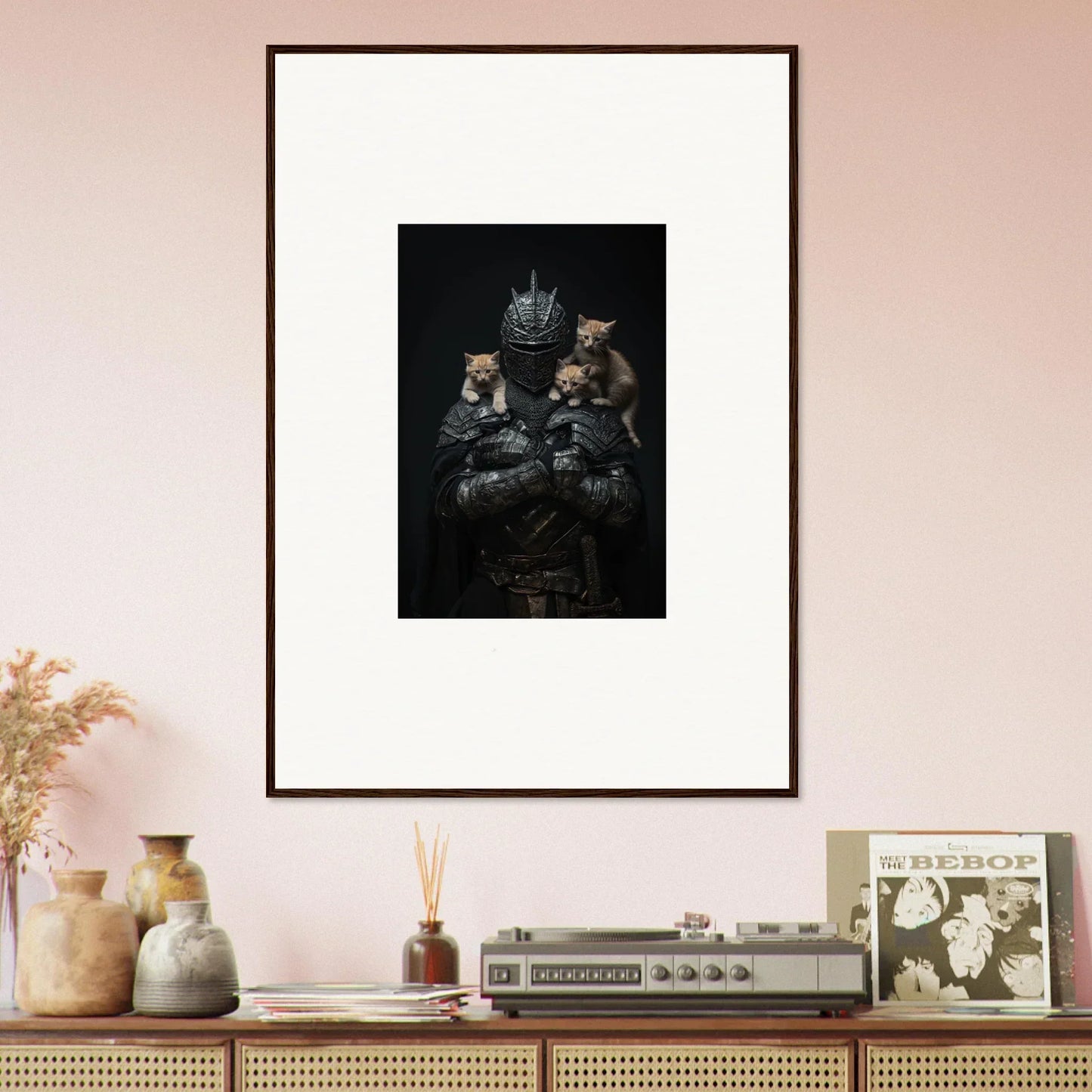 Framed wall art of three cats in regal attire, ideal for noble diplomat room decor