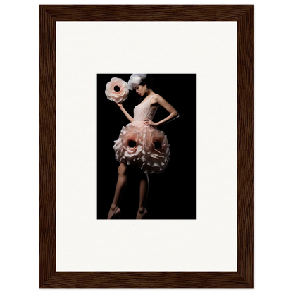 Framed wall art of a model in a pink ruffled dress for stylish room decor