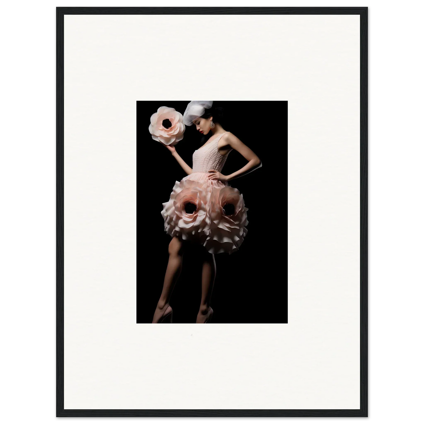 Woman in avant-garde pink floral dress with matching headpiece, ideal for canvas prints