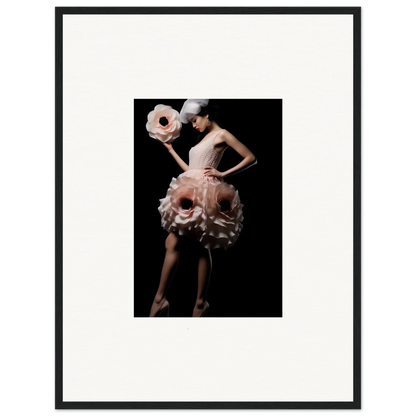 Woman in avant-garde pink floral dress with matching headpiece, ideal for canvas prints