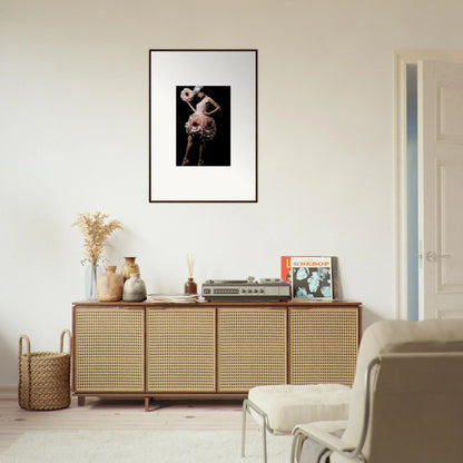 Rattan-fronted wooden sideboard with decorative items and framed wall art for stylish room decor